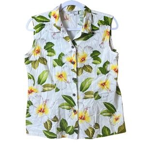 Hawaiian Reserve Collection Sleeveless Cotton Button Down Hibiscus Yellow Medium